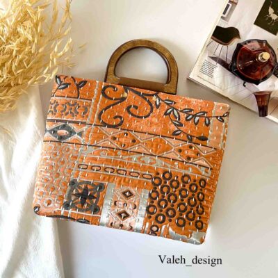 کیف واله : کیف دسته چوبی ژاکارد نارنجی 1