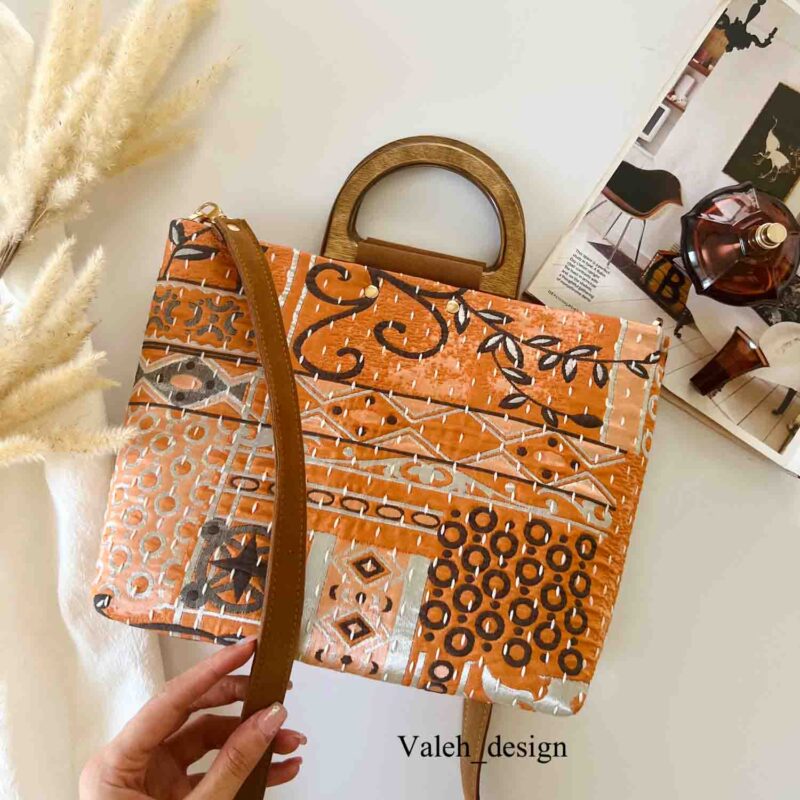 کیف واله : کیف دسته چوبی ژاکارد نارنجی 3