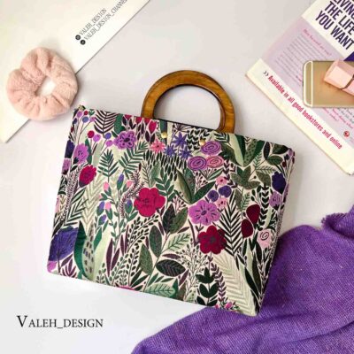 کیف واله : کیف دسته چوبی ژاکارد بنفش 1